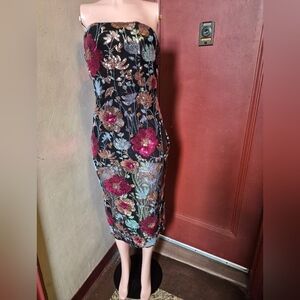 Bebe Women' Black Multi-Color Floral Strapless Sequin Midi Dress - Size M